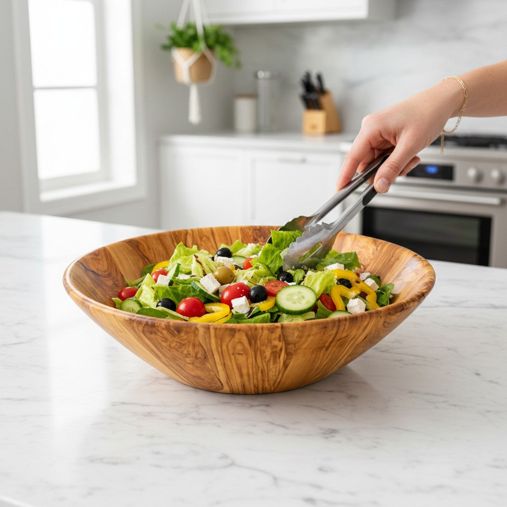 Handmade Olive Wood Large Salad Bowl | Deep Hand-Turned Wooden Fruit & Serving Bowl | Stunning Natural Grain | 35–45 cm