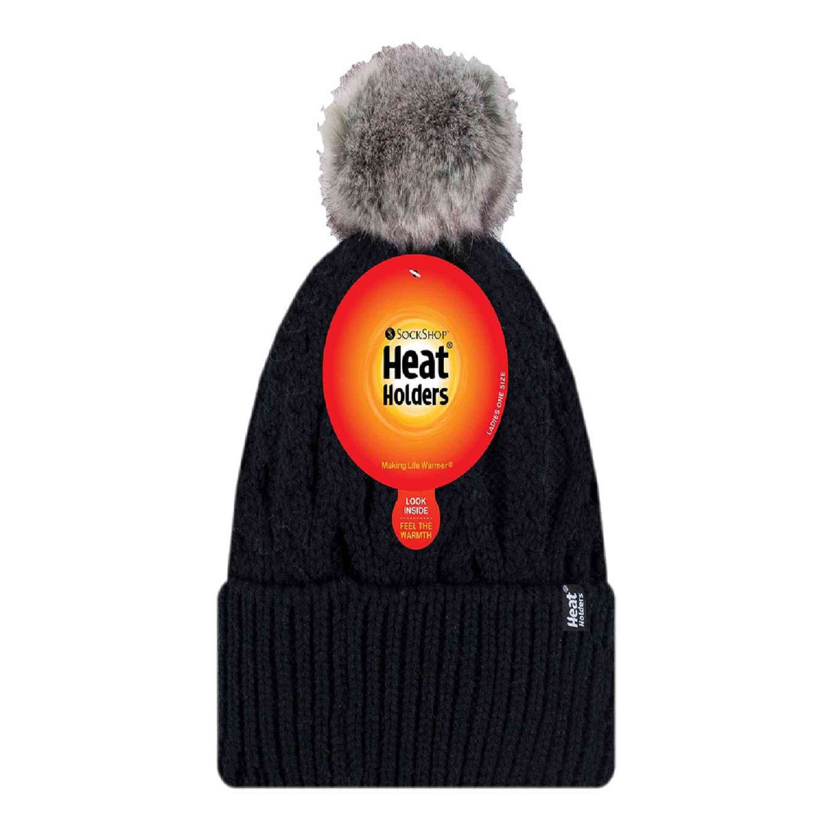Ladies Knitted Turnover Cuffed Pom Pom Beanie Hat with Bobble