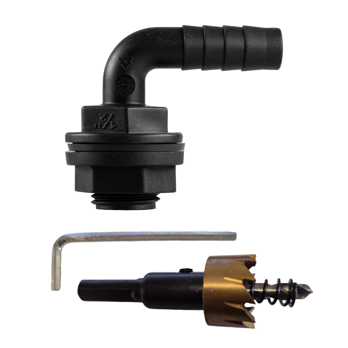 Tank Connector 90 Degree with Washer and Nut 1/2inBSPM - 1/2in Barb and Drill Bi