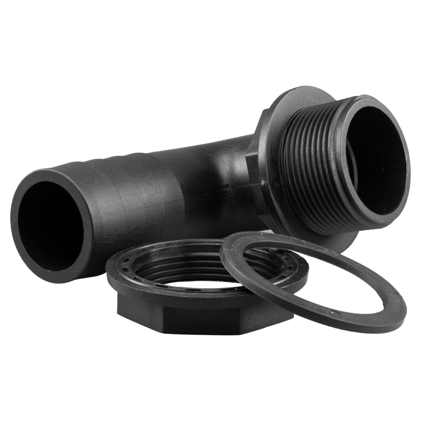 Tank Connector 90 Degree with Washer and Nut 3/4inBSPM - 3/4in Barb