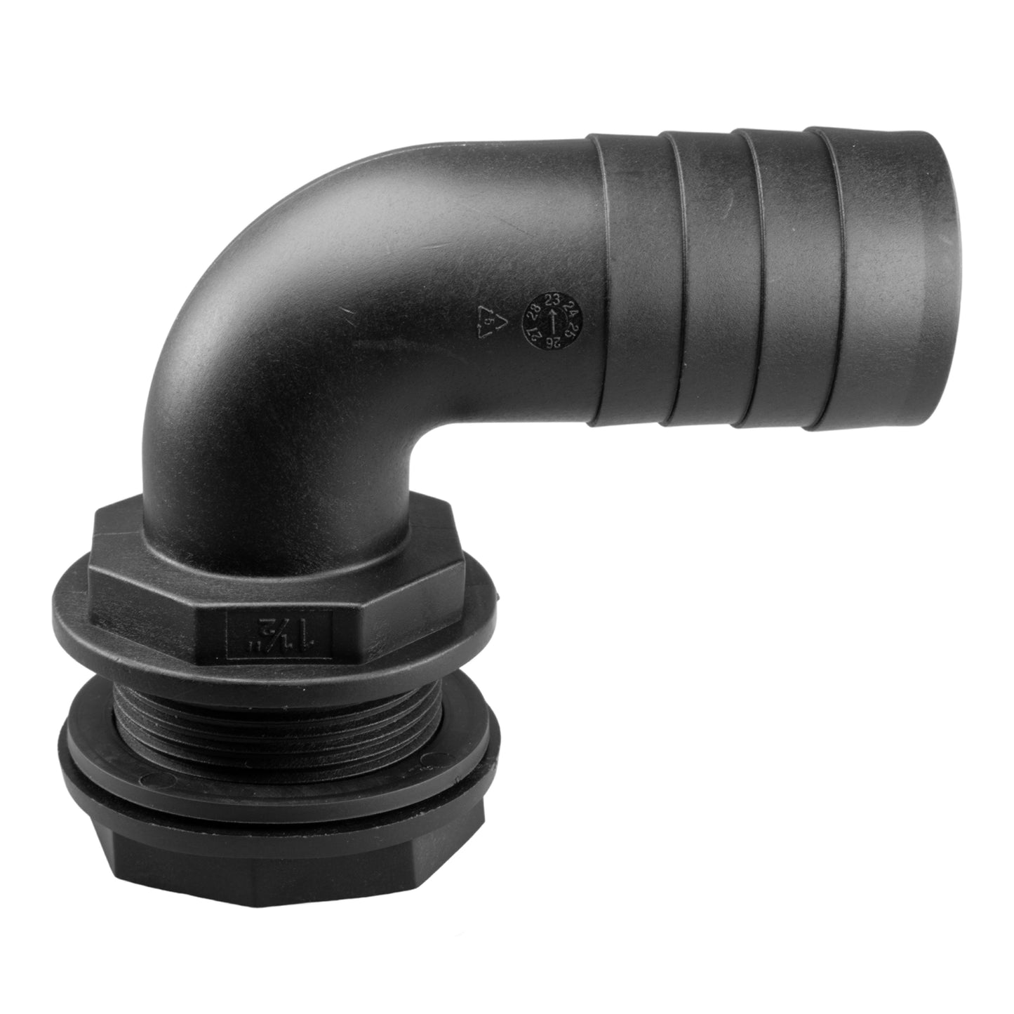Tank Connector 90 Degree with Washer and Nut 3/4inBSPM - 3/4in Barb
