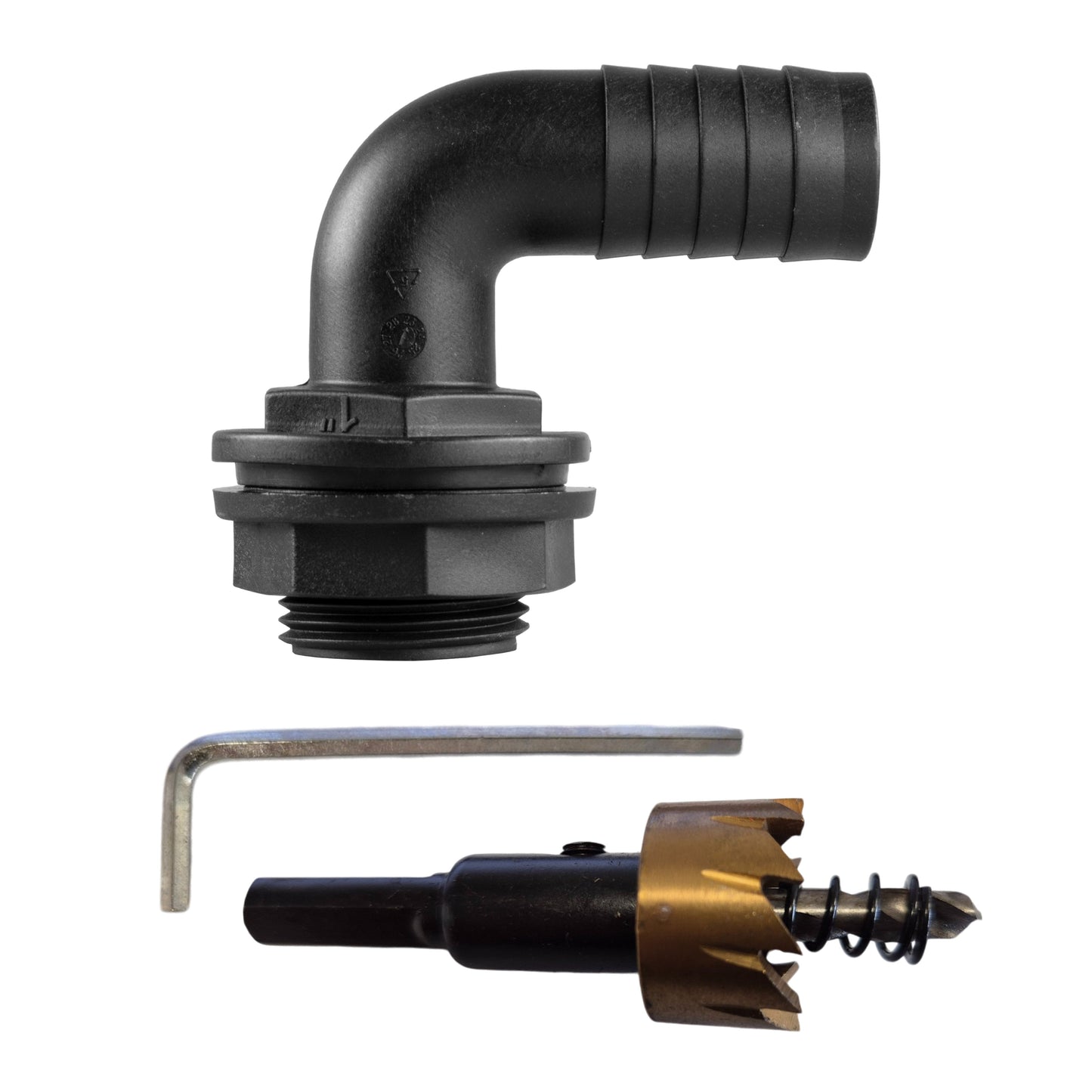 Tank Connector 90 Degree With Washer and Nut 1inBSPM - 1in Barb and Drill Bit