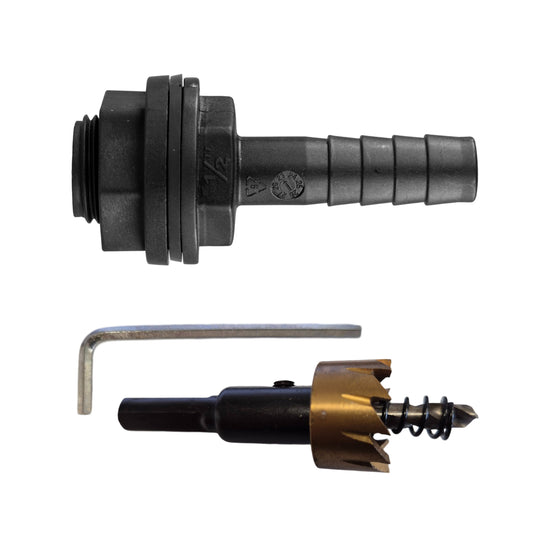Tank Connector with Washer and Nut 1/2in BSPM - 1/2in Barb and Drill Bit