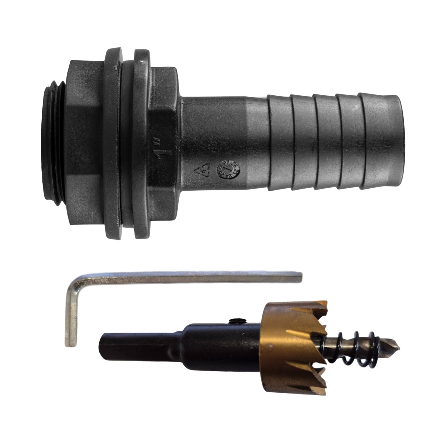 Tank Connector with Washer and Nut 1inBSPM - 1in Barb and Drill Bit