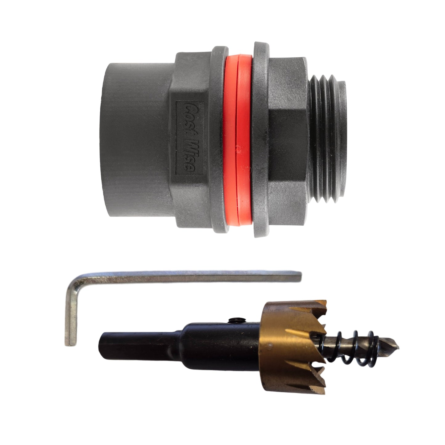 Water Butt 1in BSP Male With Female Outlet and Drill Bit for MDPE Pipe Connector