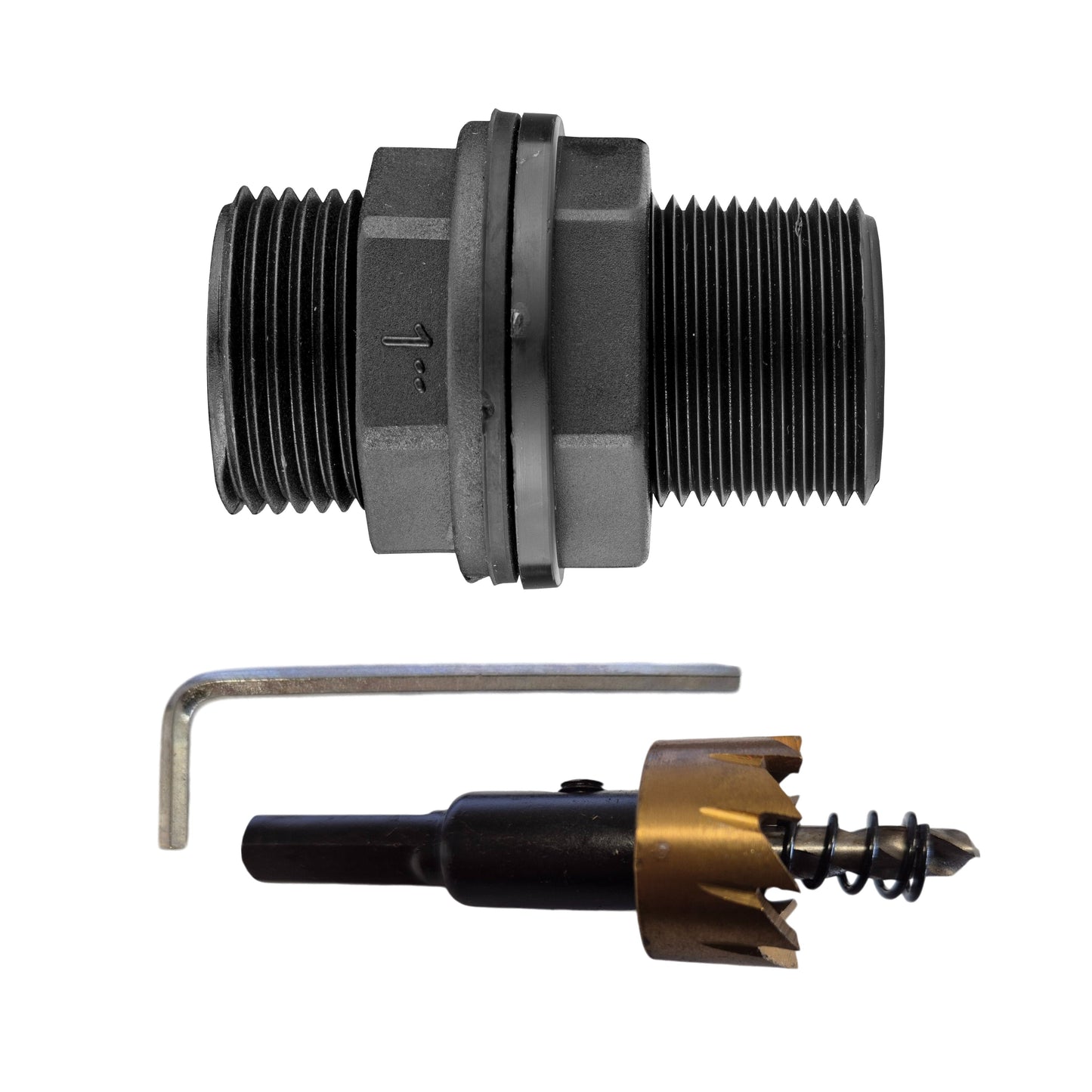 Tank Connector with Washer 1in BSPM and Drill Bit for Drip Irrigation Fitting