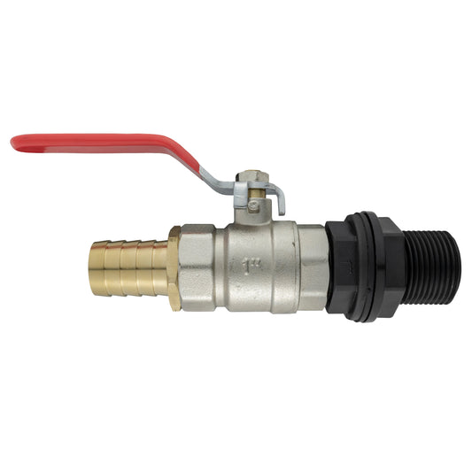 Water Butt Kit 1 BSP with Lever Valve and 25mm Brass Barb for Hose Connector Set