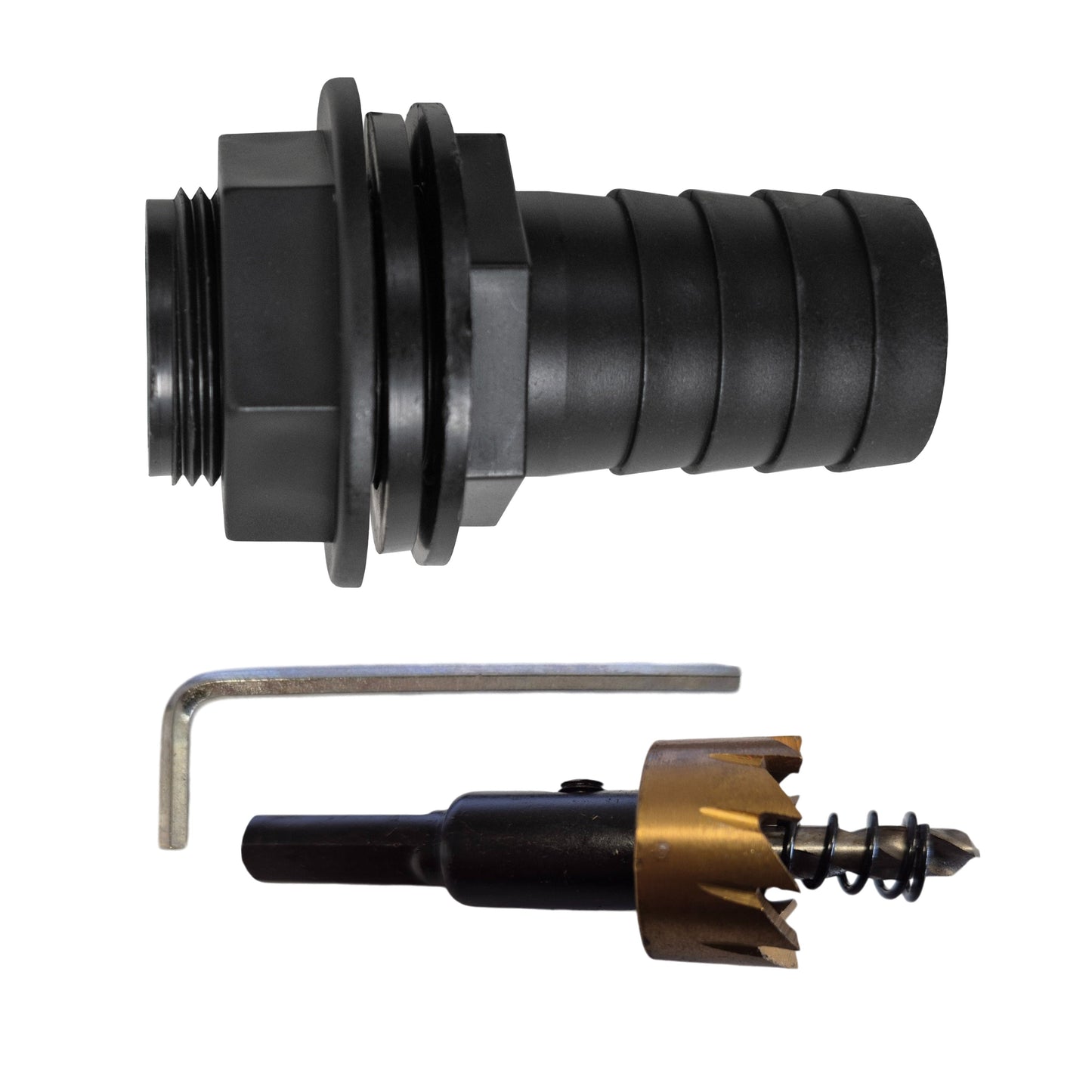 Tank Connector with Washer 3/4in BSPM and 1in Barb Outlet and Drill Bit