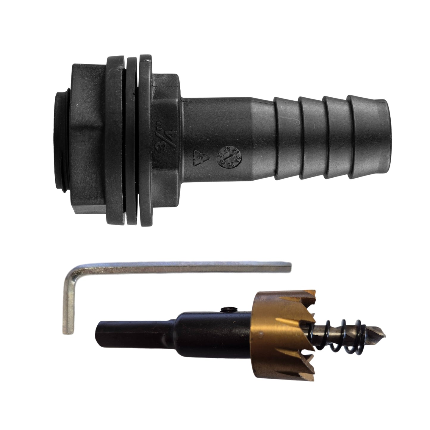 Tank Connector with Washer and Nut 3/4inBSPM - 3/4in Barb and Drill Bit
