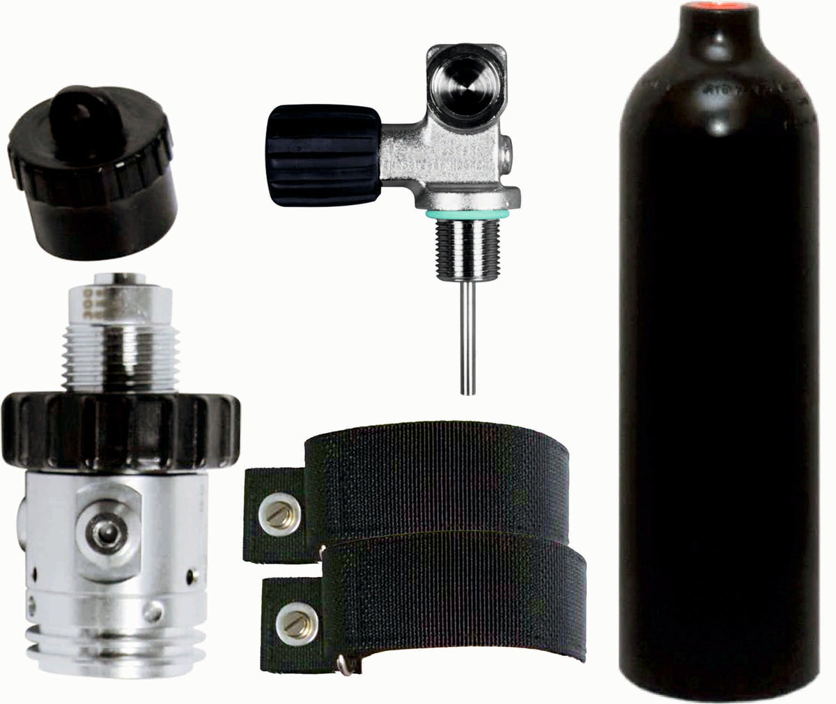 BTS 1.5 Litre 230 Bar Black Luxfer Aluminium Cylinder with DIN Valve, 1st Stage, OPV & Backplate Mounting Straps S20999909