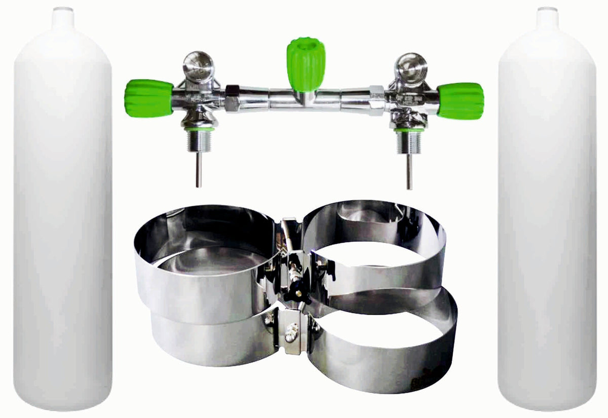 BTS White Flat Bottom 12 Litre 232 Bar M26 Steel Cylinder Twin Set with Isolation Manifold & Bands S16816696