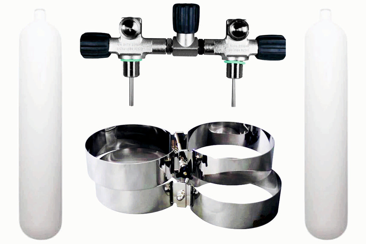 BTS 8.5 Litre 232 Bar DIN Steel Cylinder Twin Set with Isolation Manifold & Bands S16816680