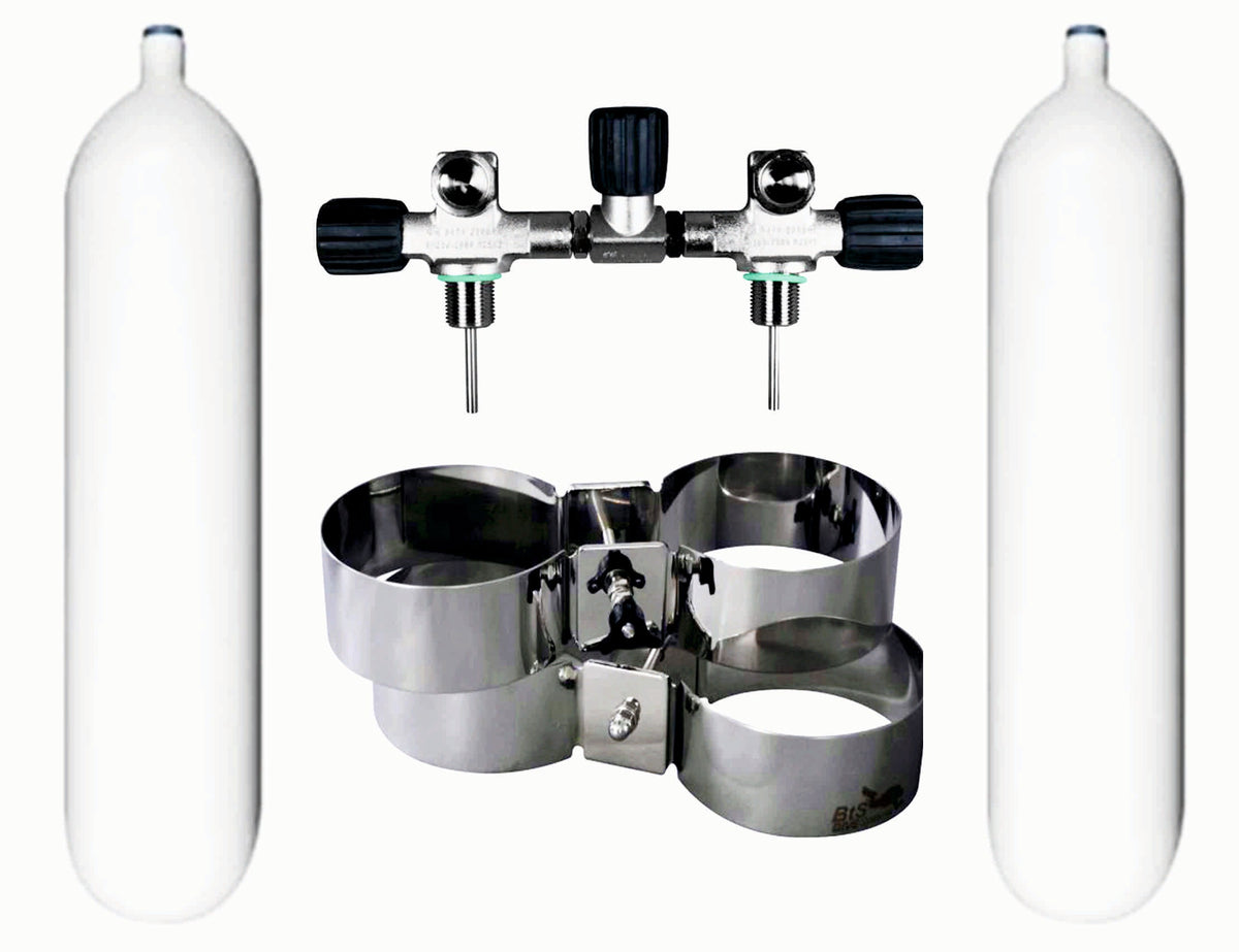 BTS 8 Litre 300 Bar DIN Steel Cylinder Twin Set with Isolation Manifold & Wide Bands S16816644