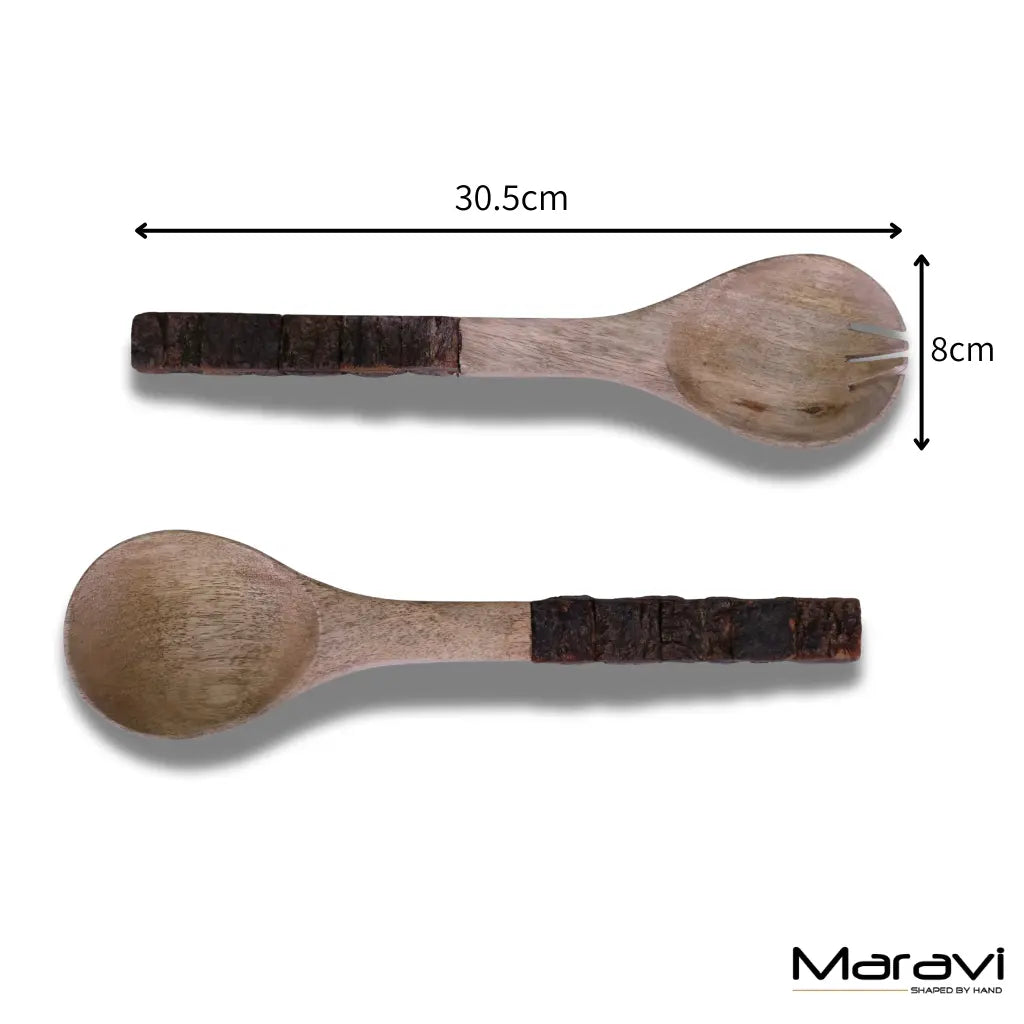 Bhimra Wooden Salad Servers Bark Handle