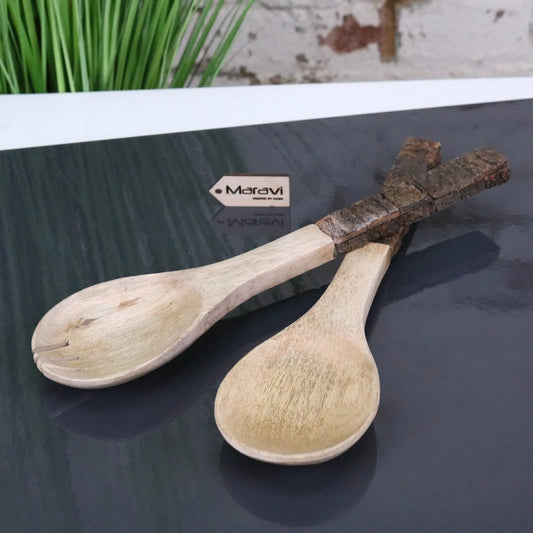 Bhimra Wooden Salad Servers Bark Handle