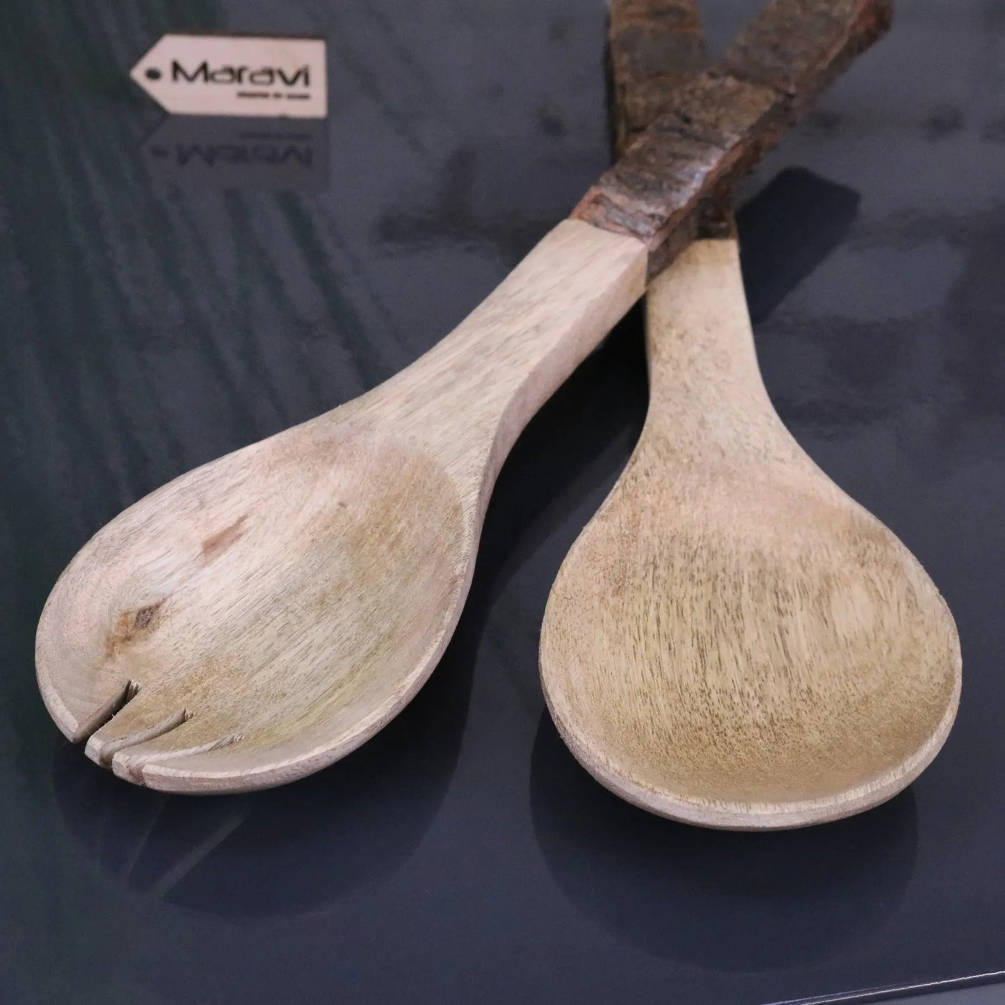 Bhimra Wooden Salad Servers Bark Handle