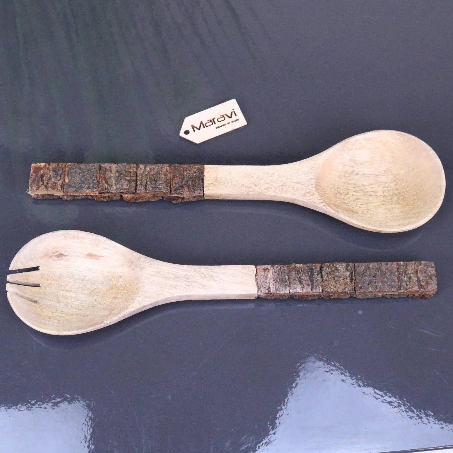 Bhimra Wooden Salad Servers Bark Handle