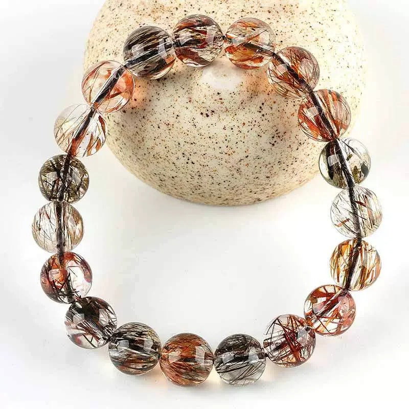 Natural Black Gold Rutilated Quartz Gemstone Bracelet, Size 7-14mm