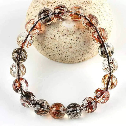 Natural Black Gold Rutilated Quartz Gemstone Bracelet, Size 7-14mm