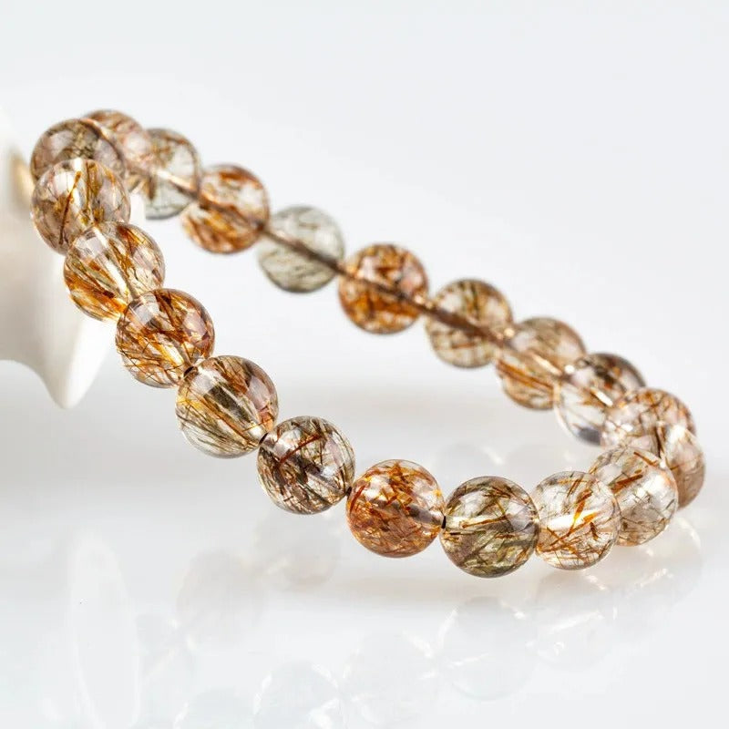 Natural Black Gold Rutilated Quartz Gemstone Bracelet, Size 7-14mm