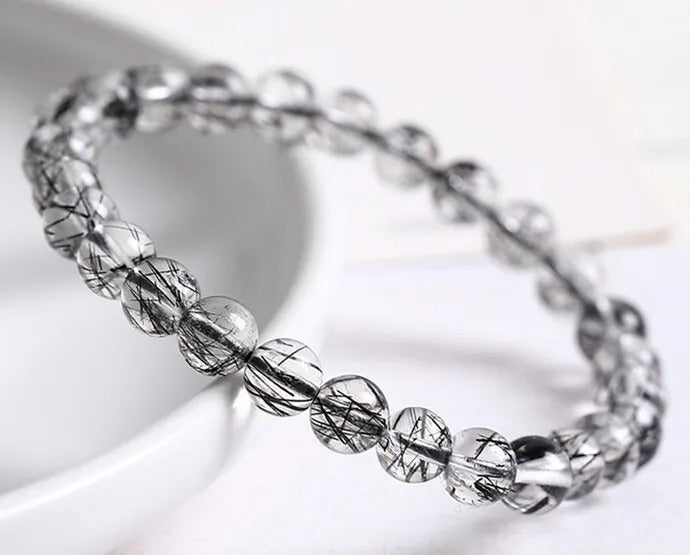 Natural Black Rutilated Quartz Gemstone Bracelet, Size 7-11mm