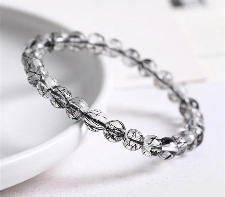 Natural Black Rutilated Quartz Gemstone Bracelet, Size 7-11mm