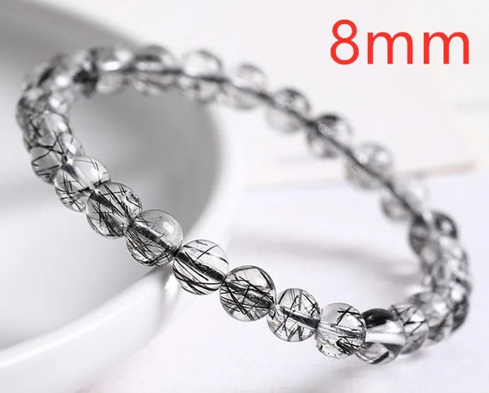 Natural Black Rutilated Quartz Gemstone Bracelet, Size 7-11mm