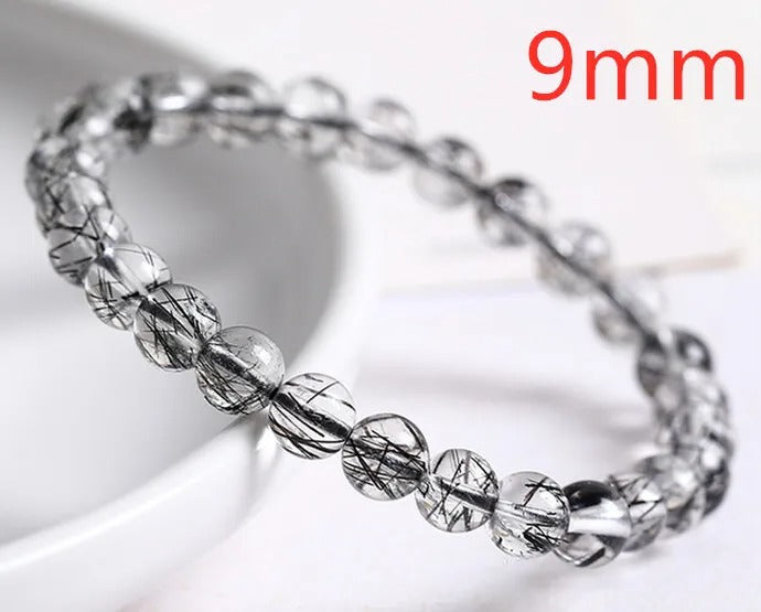 Natural Black Rutilated Quartz Gemstone Bracelet, Size 7-11mm