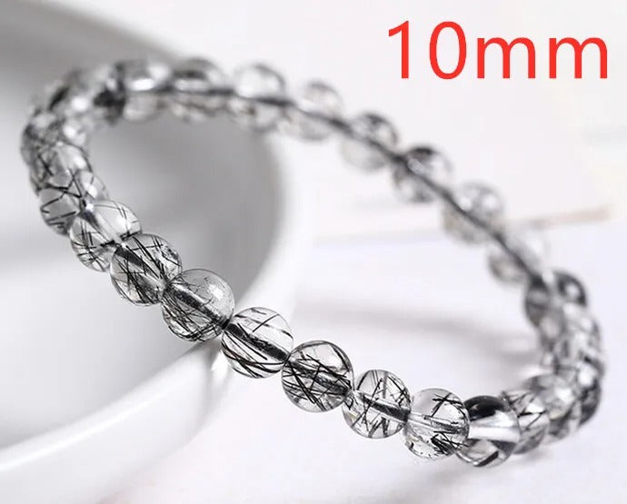 Natural Black Rutilated Quartz Gemstone Bracelet, Size 7-11mm