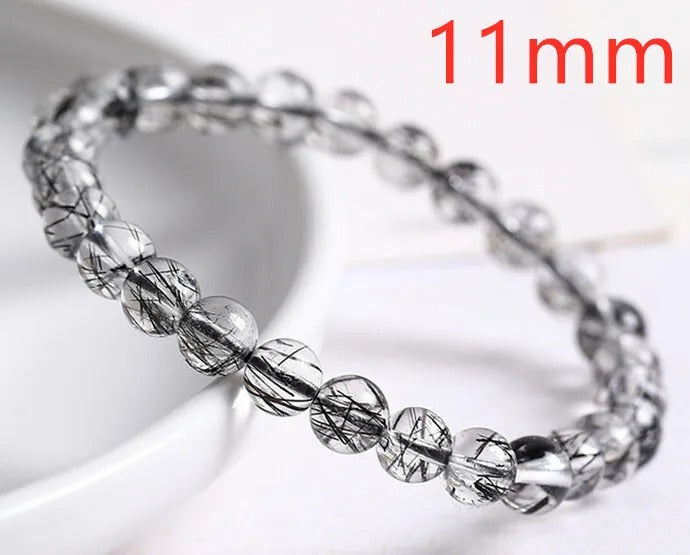 Natural Black Rutilated Quartz Gemstone Bracelet, Size 7-11mm