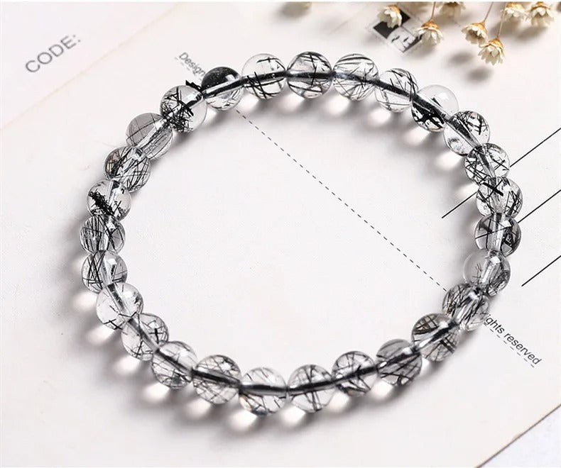 Natural Black Rutilated Quartz Gemstone Bracelet, Size 7-11mm
