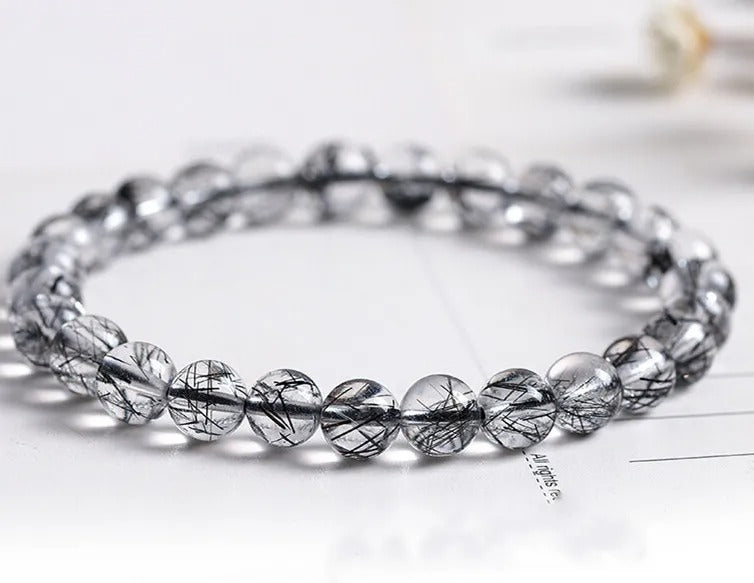Natural Black Rutilated Quartz Gemstone Bracelet, Size 7-11mm