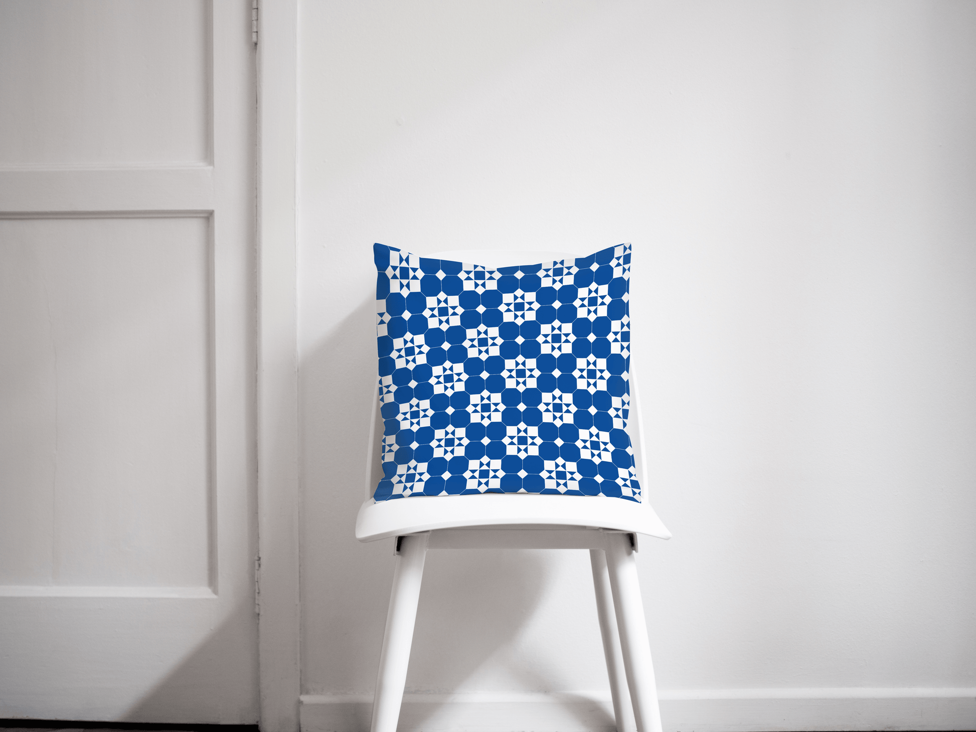 Blue and White Geometric Tiles Design Cushion, Throw Pillow