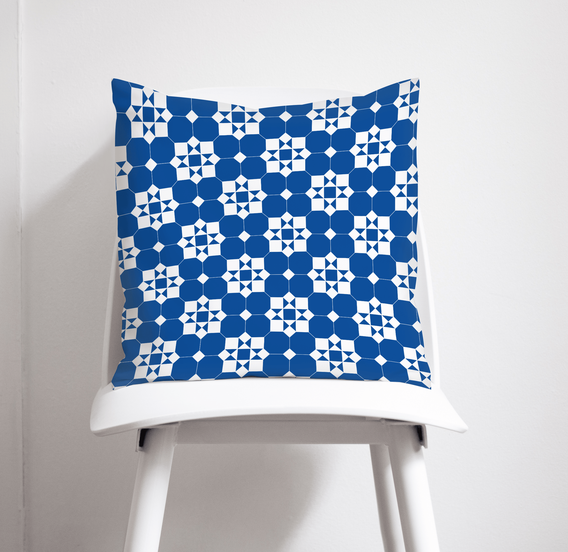 Blue and White Geometric Tiles Design Cushion, Throw Pillow