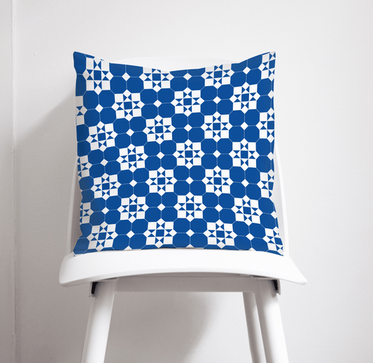 Blue and White Geometric Tiles Design Cushion, Throw Pillow
