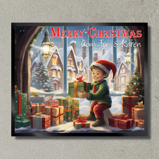 Illuminated Artwork Christmas Illustration "Boy with Presents" with Personalisation