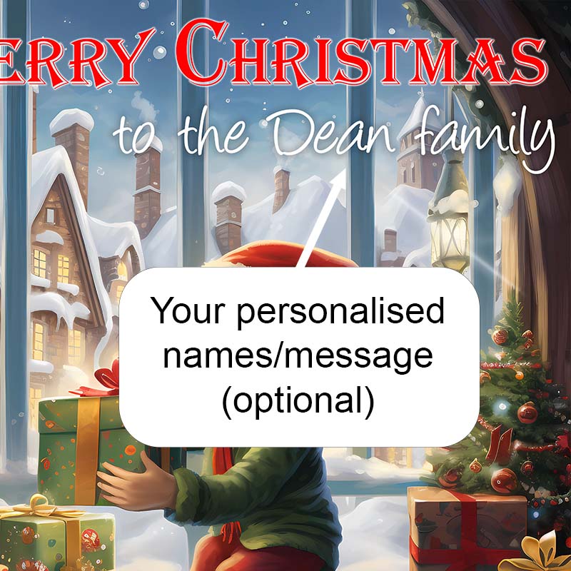 Illuminated Artwork Christmas Illustration "Boy with Presents" with Personalisation
