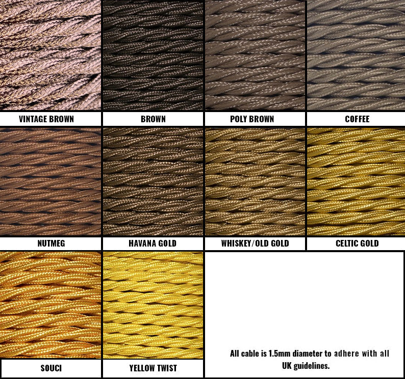 Brown / Gold / Yellow Braided Fabric Decorative Extension Lead - 2 Gang Black Trailing Socket