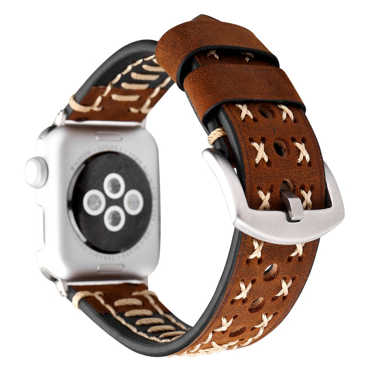 For Apple Watch Series 10 42mm / 9&8&7 41mm / SE 3&SE 2&6&SE&5&4 40mm / 3&2&1 38mm Manual Line Pattern Genuine Leather Wrist Watch Band, For 38mm