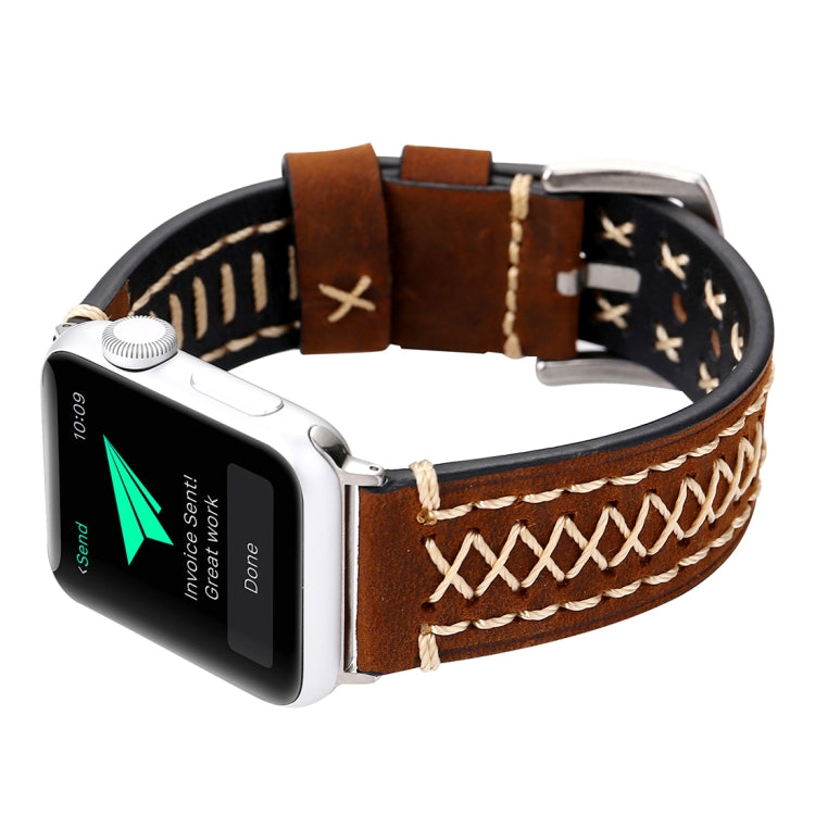 For Apple Watch Series 10 42mm / 9&8&7 41mm / SE 3&SE 2&6&SE&5&4 40mm / 3&2&1 38mm Manual Line Pattern Genuine Leather Wrist Watch Band, For 38mm