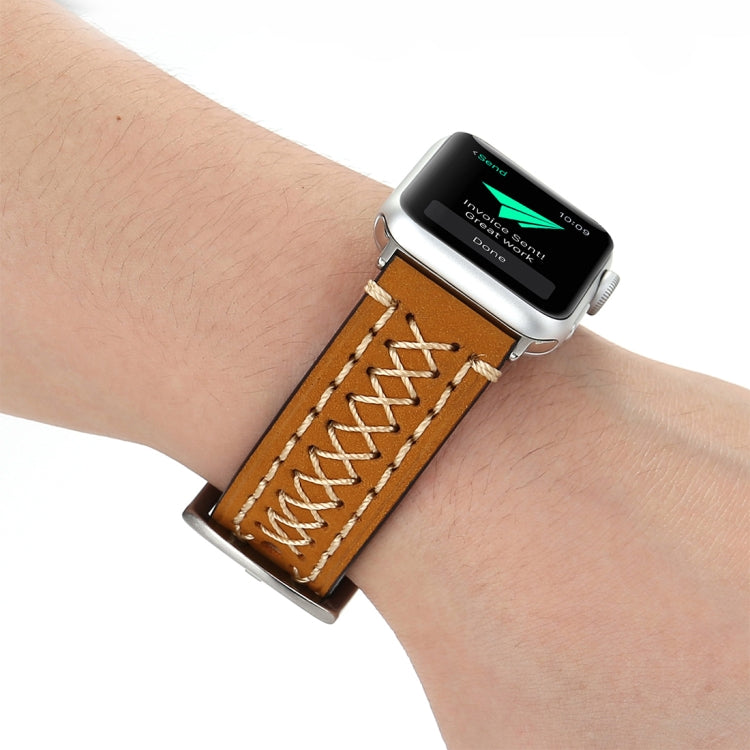 For Apple Watch Ultra 49mm&Watch Ultra 2 49mm / Series 10 46mm / 9&8&7 45mm / SE 3&SE 2&6&SE&5&4 44mm / 3&2&1 42mm Manual Line Pattern Genuine Leather Wrist Watch Band, For 42mm