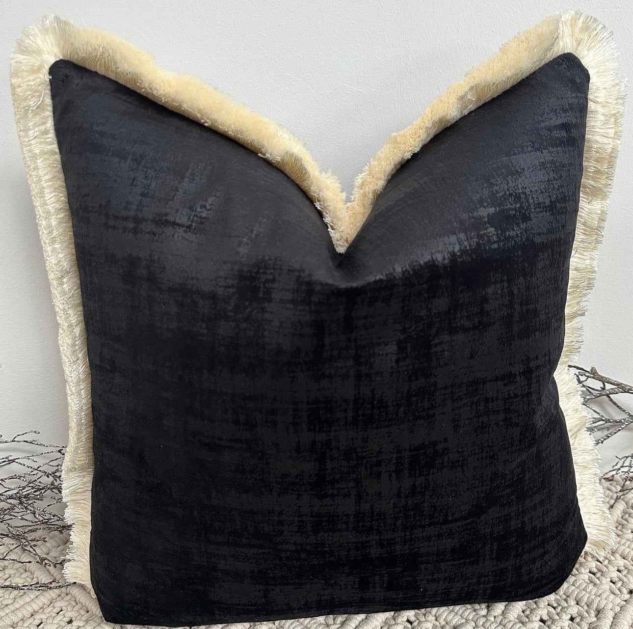 The Couture Cushion - The Black Dolce Fringed In Ivory - Style No. 134