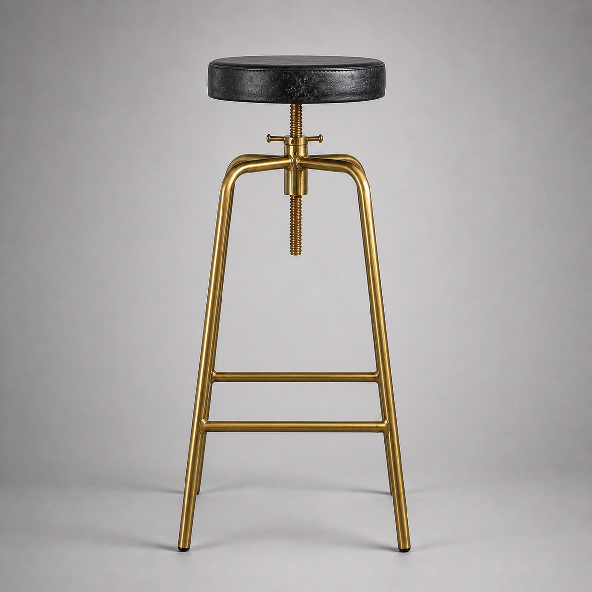 Antique Brass & Black Leather Adjustable Bar Stool