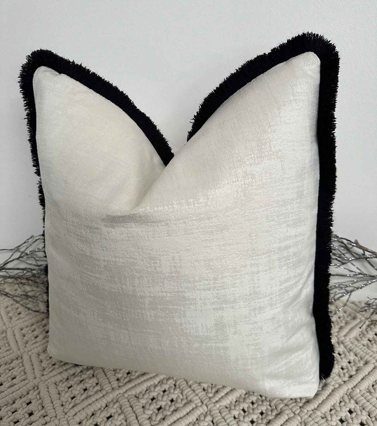 The Couture Cushion - The Fringed Ivory Dolce fringed in Black - Style No. 133