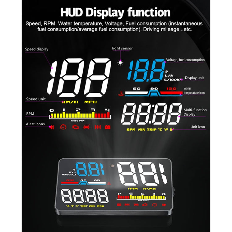 D5000 OBD2 5 inch Vehicle-mounted Head Up Display Security System, Support Car Speed / Engine Revolving Speed Display / Water Temperature / Battery Voltage / Detection and Elimination Fault Code, D5000