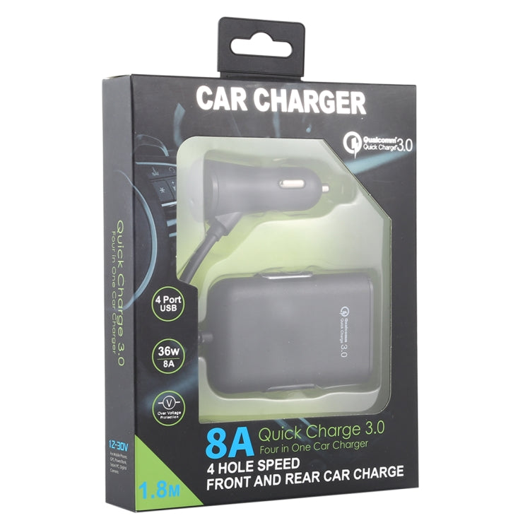 HMQ-C801 1.8m 8A Max 4 Ports USB Car Charger with Extending USB HUB for Front & Back Seat Charging (Black)