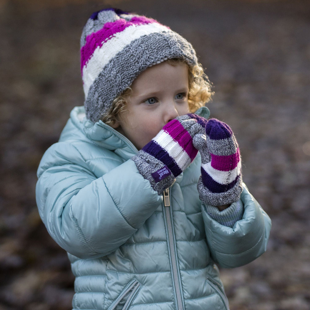 Kids Fleece Lined Knitted Striped Colourful Winter Thermal Hat & Mittens Set