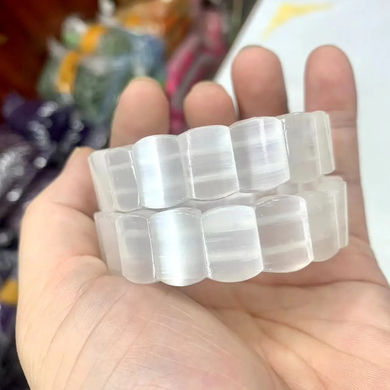 White Calcite / Selenite Stone Beads Gemstone Bracelet, Bangle For Women For Men,