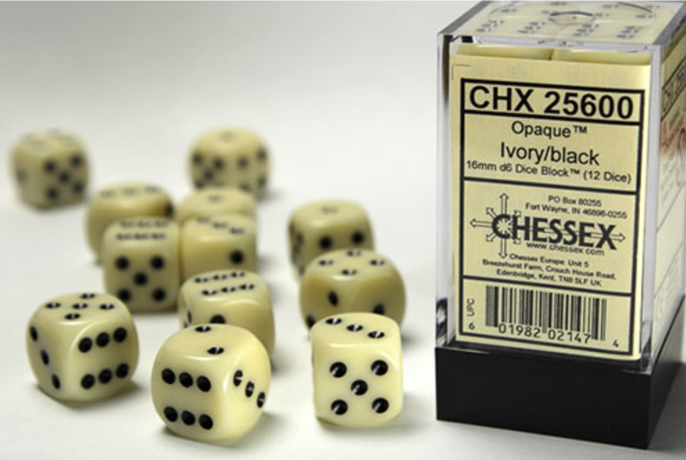 Chessex - Opaque 16mm D6 Dice Block - Ivory with Black
