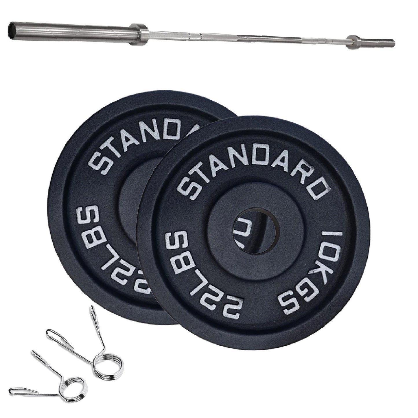 Cast Iron Weight Plates Set and Pair with Olympic Barbell + Clips
